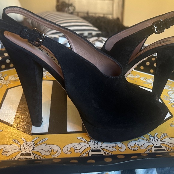 Prada Black Suede Slingback Heels - Picture 1 of 15